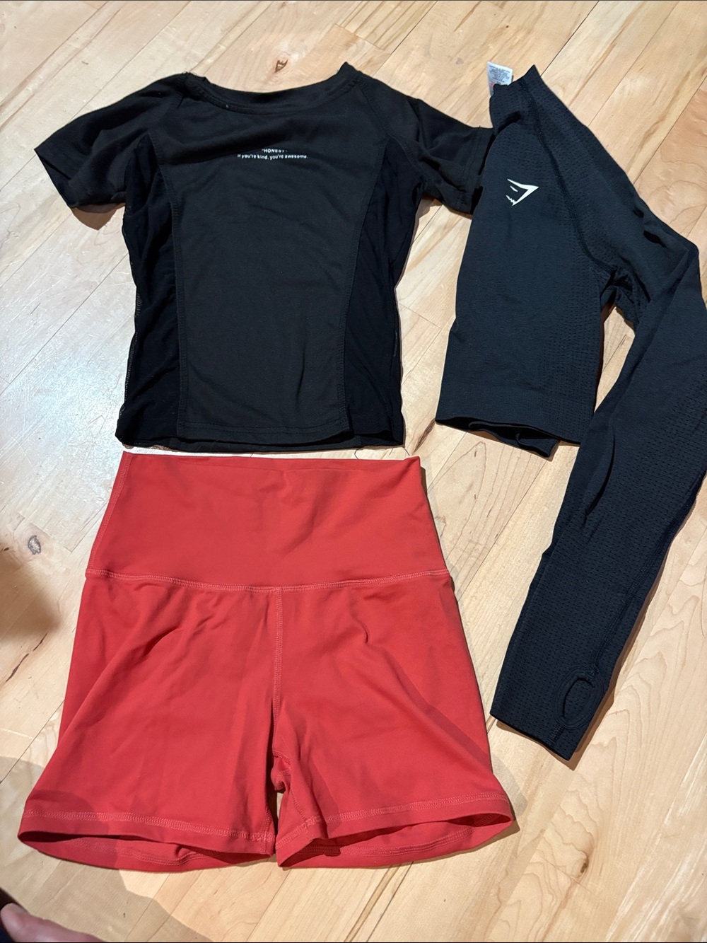 3 items Black Top honest  & Red ecth  Shorts/ gymshark long sleeve sz sm